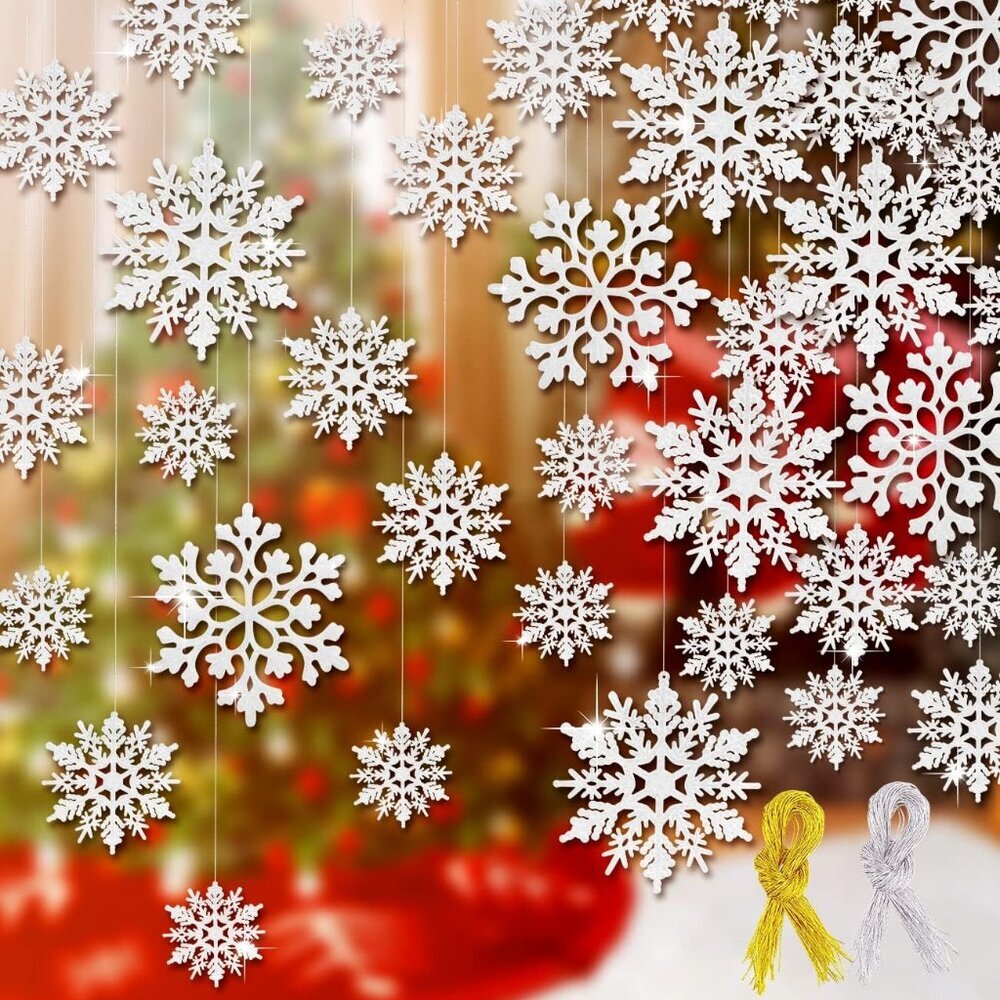 46Pcs Plastic Snowflake Ornament Christmas Glitter Snowflake Hanging Christmas T